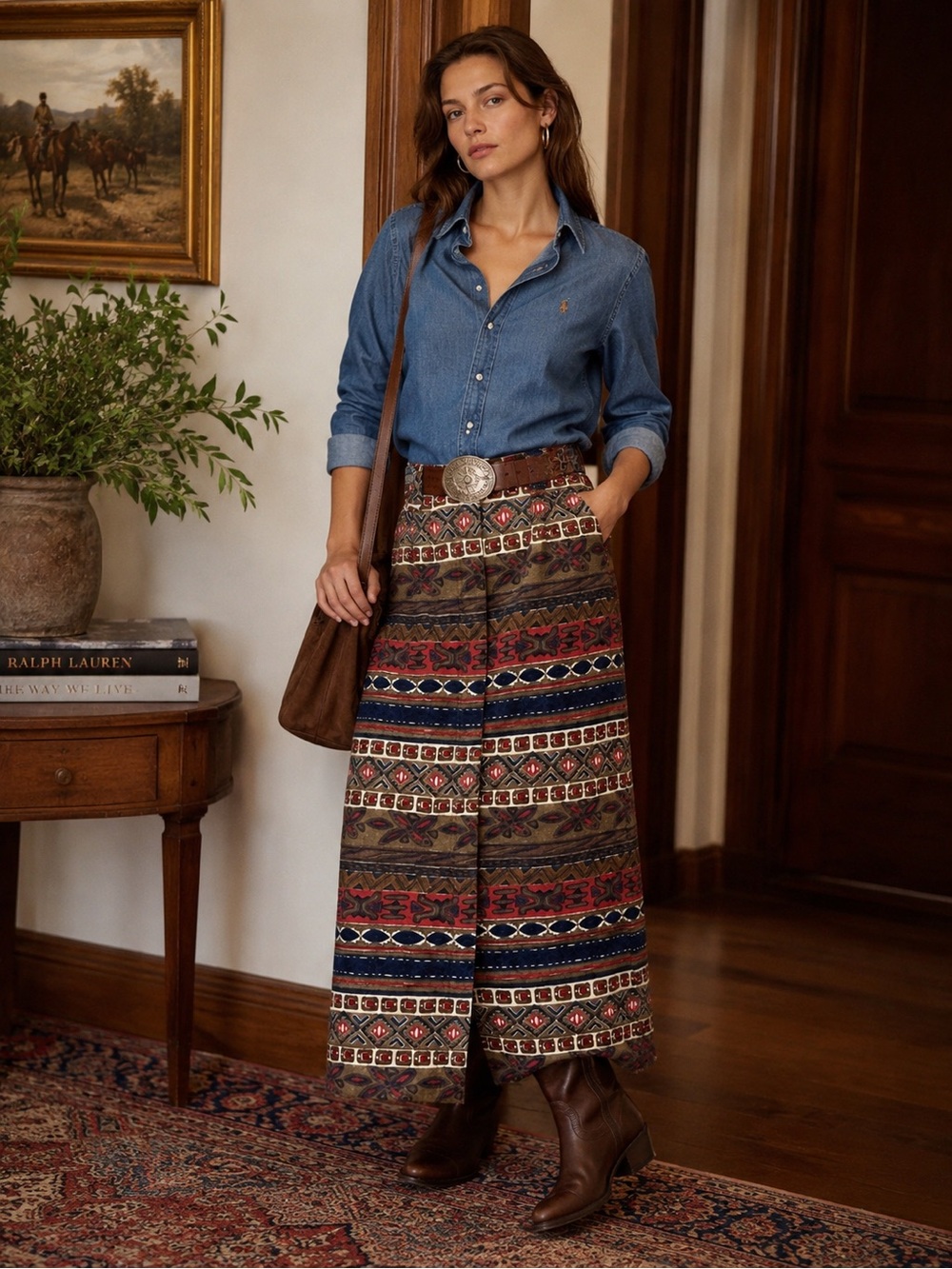 Vintage 100% Silk Maxi Skirt Size S Boho Southwestern Ralph Lauren Style
